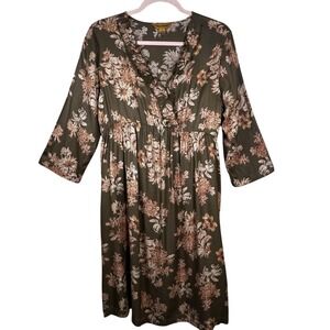 April Cornell Country Floral Dress Ruffle Vneck Pockets Brown Gold Cottagecore